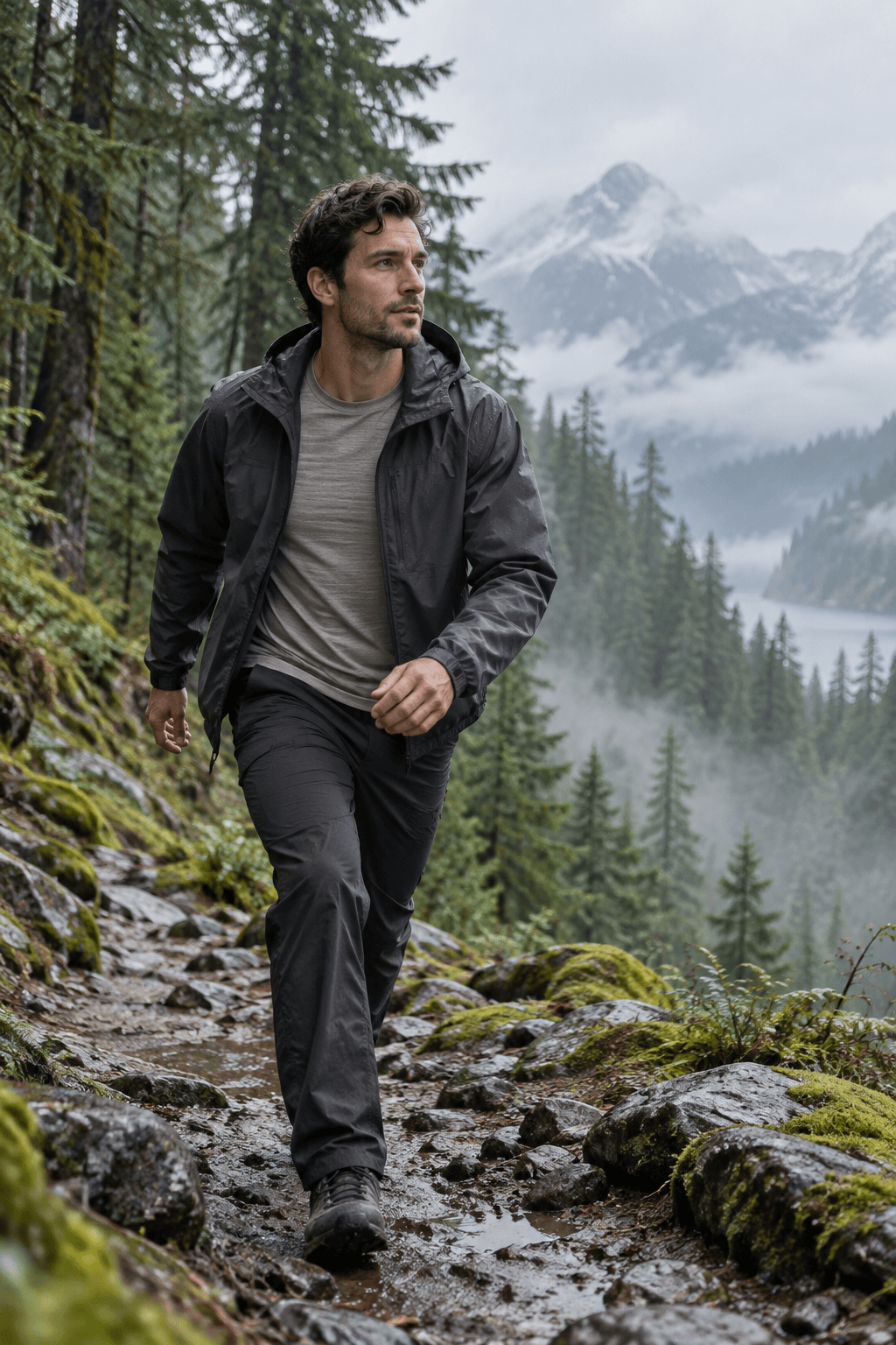 Man moving along a wet forest trail in a lightweight shell