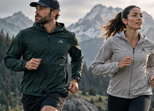 Two runners moving through an overcast forest trail in performance outerwear