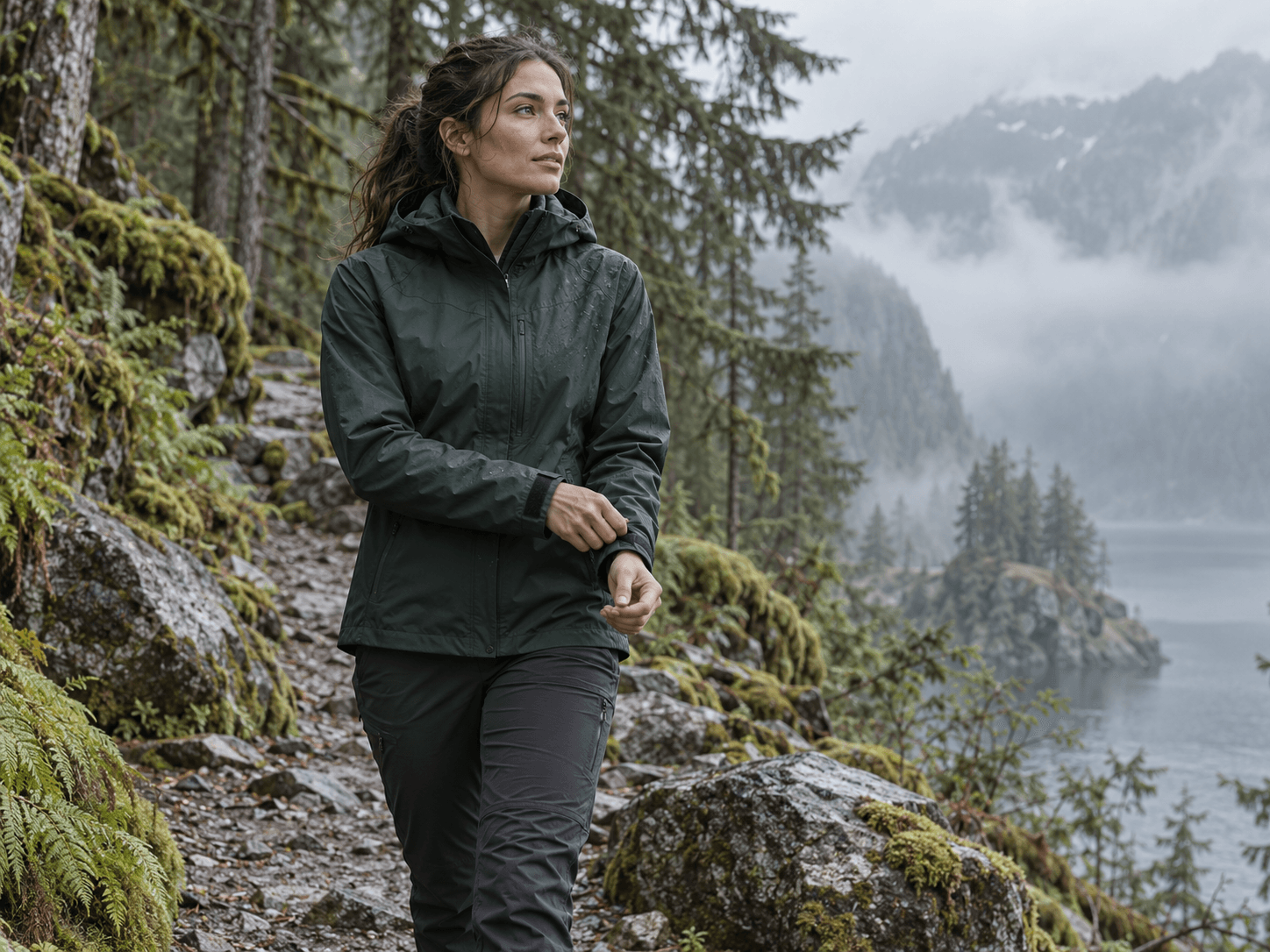 Woman adjusting the cuff of a lightweight shell on a misty forest trail